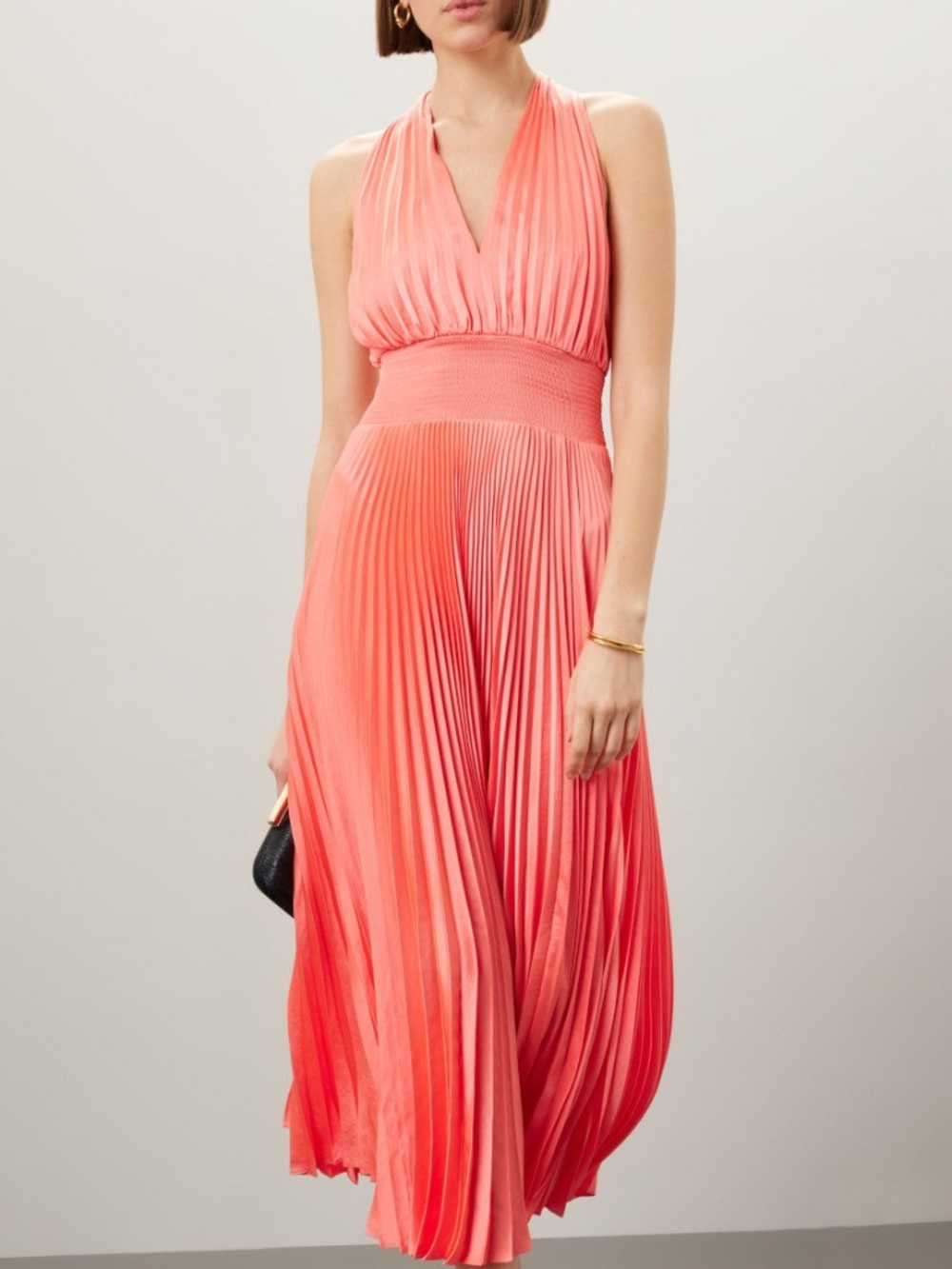 ALC A.L.C. Rose Midi Pleated Dress Coral Orange Plunge Neck Size 2